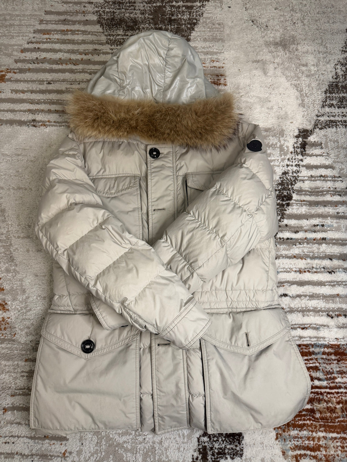 Moncler Augert Down Parka Mens Size 3 (M-L) - Cream - With Original Fur